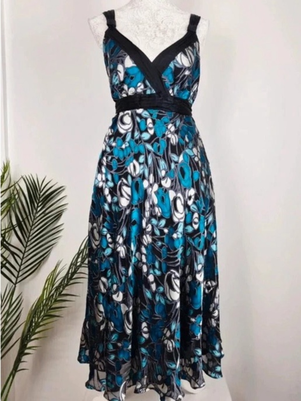 Black & Teal Floral V-Neck Maxi Dress with Waistband